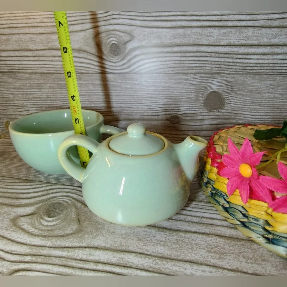 Pier One stoneware personal stackable tea pot, green color.